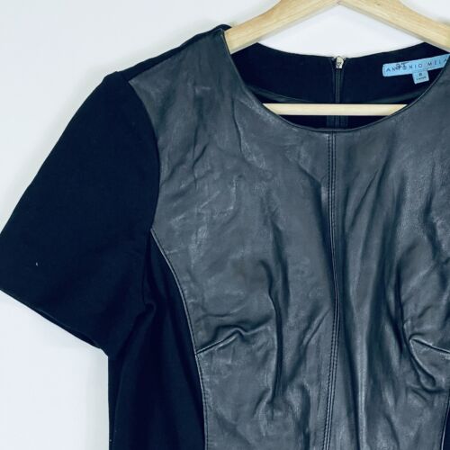 Antonio Melani Black Leather Front Short Sleeve Sheath Shift Dress Womens Sz 8 - Picture 2 of 6