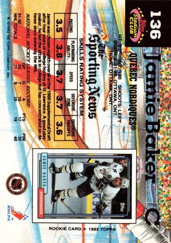 Jamie Baker #136 1992-93 Stadium Club Quebec Nordiques Hockey - Bild 2 von 2