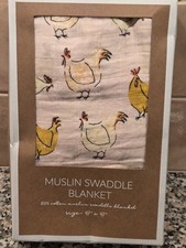New Boutique Mud Pie Girl Pink Chicken Farm Print Muslin Swaddle Blanket 47 X 47