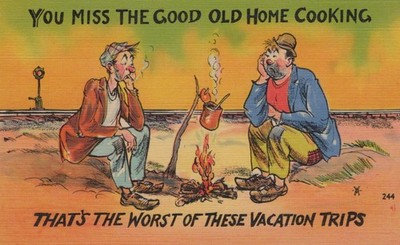 Humor Card - Hobo's Camping By Railroad Tracks - Linen - Unused/Unposted