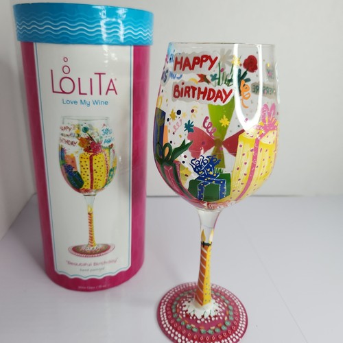 Lolita Hand Painted Wine Glass Happy Birthday Bi Lingual With Box Collectible - Picture 1 of 14
