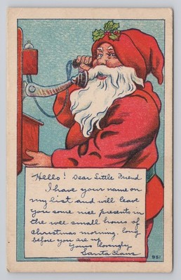 Hello! Dear Little Friend Santa Talking on Telephone to Child on List Postcard