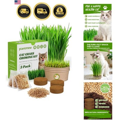 Cat Grass Kit for Indoor Cats, 3 Pack Fast Growing Cat Grass Kit with Eco-Fri...