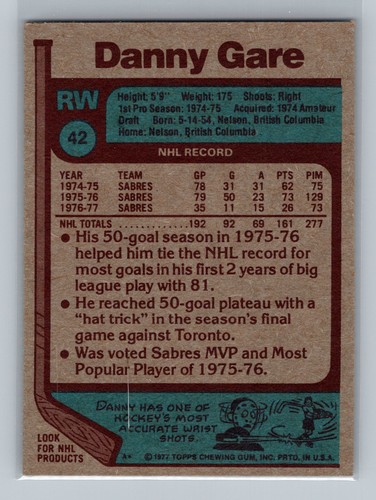 1977-78 Topps #42 Danny Gare Buffalo Sabres - Picture 2 of 2