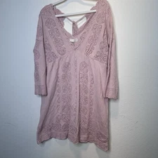 Odd Molly Anthropologie Pink Knit Dress Long Sleeve Size 2 Crochet Detail BOHO