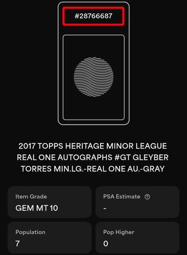 GLEYBER TORRES 2017 TOPPS HERITAGE Real One GRAY On Card AUTO 05/25 PSA 10 POP 7 - Picture 3 of 5