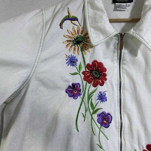 Bob Mackie Jacke Damen 3X weiß Denim bestickt Blumen Reißverschluss tragbar Kunst - Bild 4 von 8