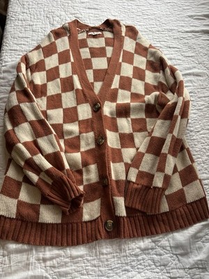 American Eagle Checkered Cardigan Women s Large Brown And White