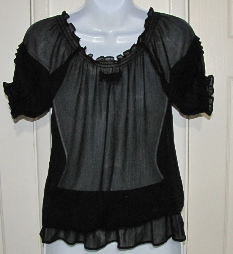 Top MILEY CYRUS Peplum Transparente Manga Corta Abullonada Plisado Delantero Cuello Redondo Wm. S Foto 3 de 4