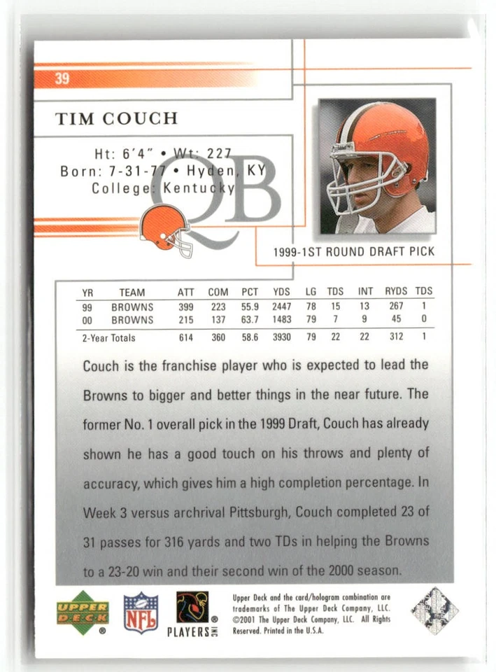 2001 UPPER DECK #39 TIM COUCH CLEVELAND BROWNS - Image 2 of 2