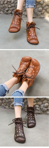 Sandalias retro de cuero real con puntera redonda hueca para mujer botas al tobillo planas con cordones - Imagen 10 de 16