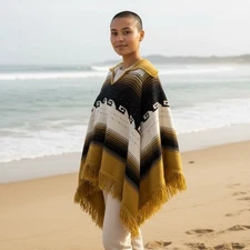 Vintage 70's Southwestern Black Gold White Collared Poncho Aztec Shawl Cloak