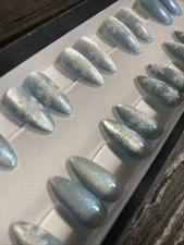 🎄Press On Nails Handmade 28 Medium Almond Blue Christmas Nails Gel / Gel Polish