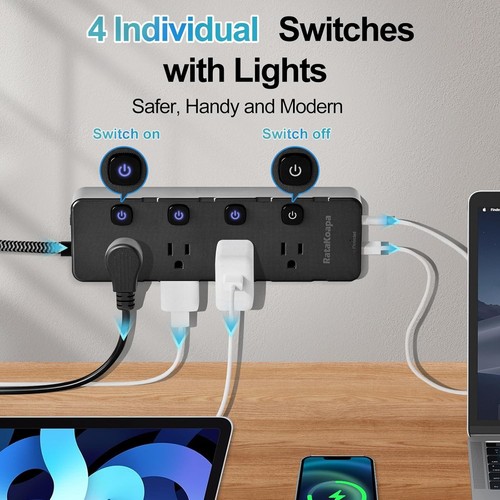 10 Ft Surge Protector Power Strip 8 AC Outlets 4 USB Ports USB-C Flat Plug - Picture 18 of 28