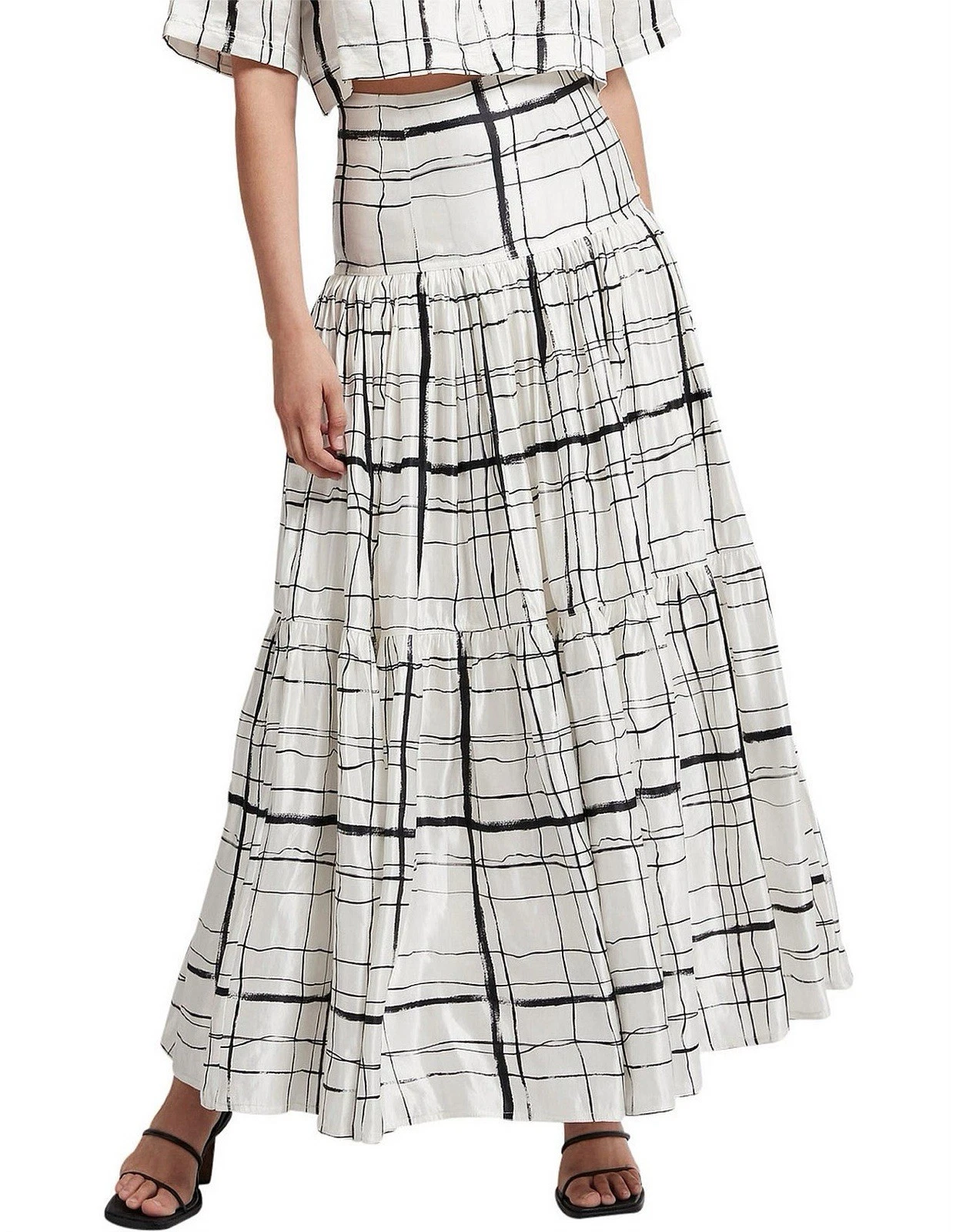 Aje Silk Maxi Skirt Patterned Size 10 Event Party White Black Linen Peasant