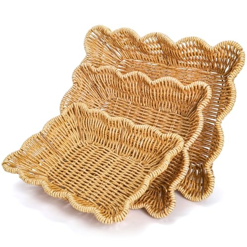 3 Pack Poly Wicker Bread Baskets, Imitation Rattan Fruit Baskets, Rectangular - Bild 2 von 7