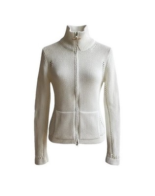 Escada Sport Strickjacke Gr. S Elfenbeinfarben Reißverschluss Lederdetails Y2K