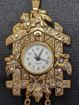 Lindenworld Cuckoo Clock Watch/Pendant/Brooch Rhinestone Necklace 27  Works
