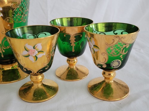Vintage Murano Emerald Green And Gold Decanter And Six Glasses Set - Picture 5 of 13