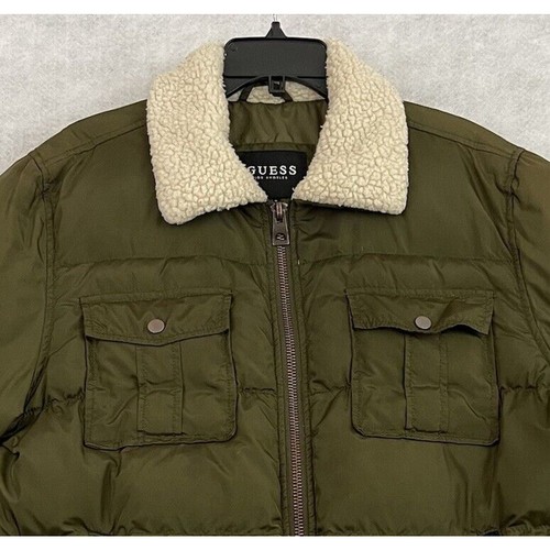 GUESS Herren Wintermantel grün Puffer Jacke L Sherpa Kragen Reißverschluss warm - Bild 10 von 15