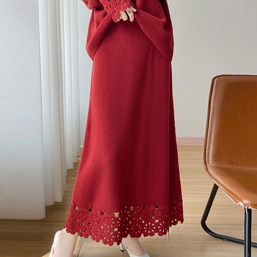 Reine Wolle Rundhals Strick Pullover Damen Oberteil Hohl Häkel Locker A-Linie Rock - Bild 23 von 34