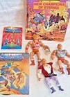 Vtg MOTU Three Figure Lot (2) Soft Head He-Man Prince Adam + Book + Record