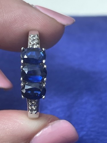 925 Sterling Silver Art Deco style lab created sapphire and Diamond Ring Size S - Picture 3 of 6
