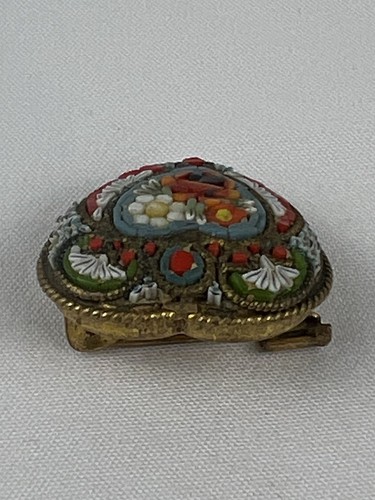 Antique FAP Fabricca Angelo Pessar Floral Micro Mosaic Heart Pin Brooch Italy - Picture 3 of 7