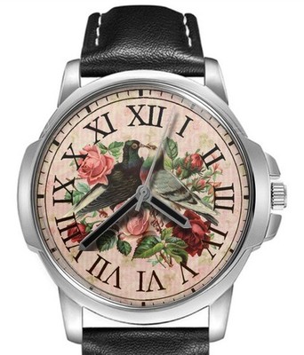 Tauben Liebe Vögel Rosen römischer Stil Lederband großes Zifferblatt Geschenk Armbanduhr