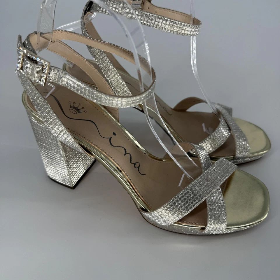 Sandalias Nina Secelia para mujer talla 9,5 M plateadas estrás tacón bloque correa para el tobillo Foto 4 de 4