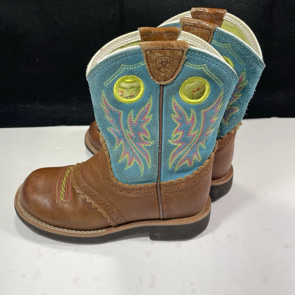 ARIAT Fatbaby Western Kids Boots Leather Tan Blue 10016241 Riding Slip On Sz 1.5 - Image 2 of 4