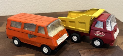 Lot 2 Vtg Tonka Dump Truck 55010 & Orange Mini Passenger Van Long Pressed Steel - Picture 2 of 18