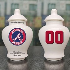 Ceramic Mini Urn   Atlanta Braves Baseball Theme, Custom Text  Number