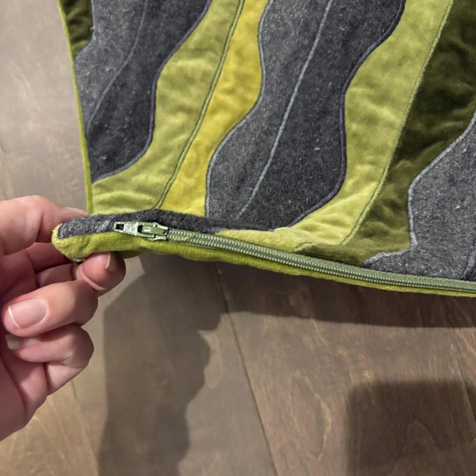 Crate & Barrel Olivier Pillow Cover 18x18 Green Gray Velvet Wool Wavy Retro - Image 3 of 4