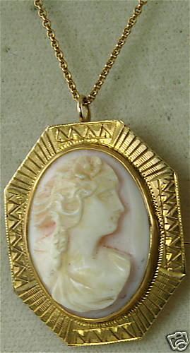 ART DECO ANTIQUE 10K ANGELSKIN CORAL CAMEO NECKLAC