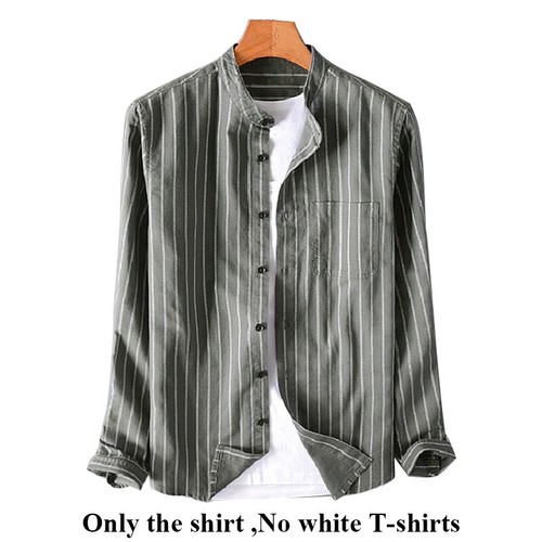 Mens Striped Shirt Long Sleeve Retro Collarless Grandad Casual Dress Shirts Top, - Picture 11 of 15