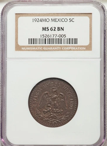 MEXICO ESTADOS UNIDOS 1924  5 CENTAVOS COIN NGC CERTIFIED UNCIRCULATED MS62-BN