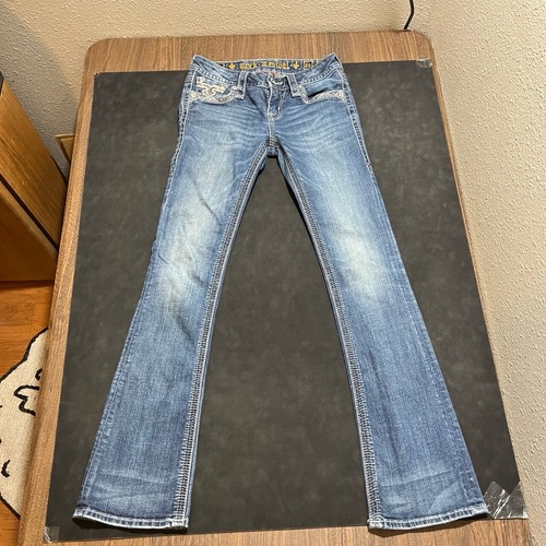 Jeans Rock Revival para mujer 26 azul corte boot tiro bajo lavado oscuro elástico denim - Imagen 3 de 13
