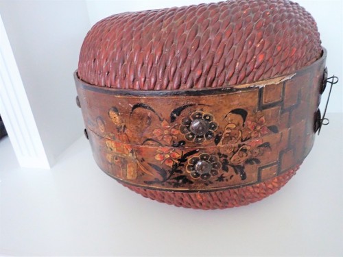 Antique Chinese Woven Large Round Wedding Rice Storage Basket Hand Painted - Picture 4 of 8