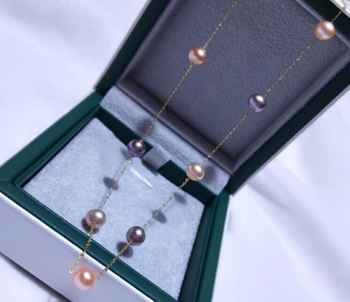 Wunderschöne AAA+7-8mm Natürliche Südsee Rosa Lila Runde Perlenkette 18k Gold - Bild 1 von 5