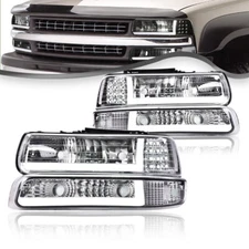 [LED DRL]For 99-02 Chevy Silverado 1500 2500 HD Headlight+Bumper Lamps Chrome