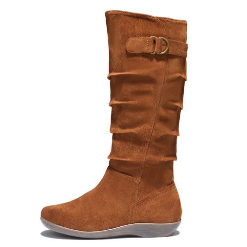 SUEDI Women Knee High Slouchy Boots Buckle Low Heel Side Zipper Flat Tall Boots - Picture 48 of 49
