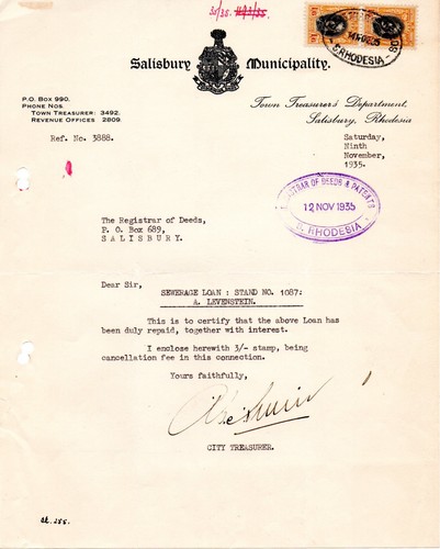 Southern Rhodesia 1935 Sewerage Loan, repayment receipt, paid 1931 2x 1s6d P11½