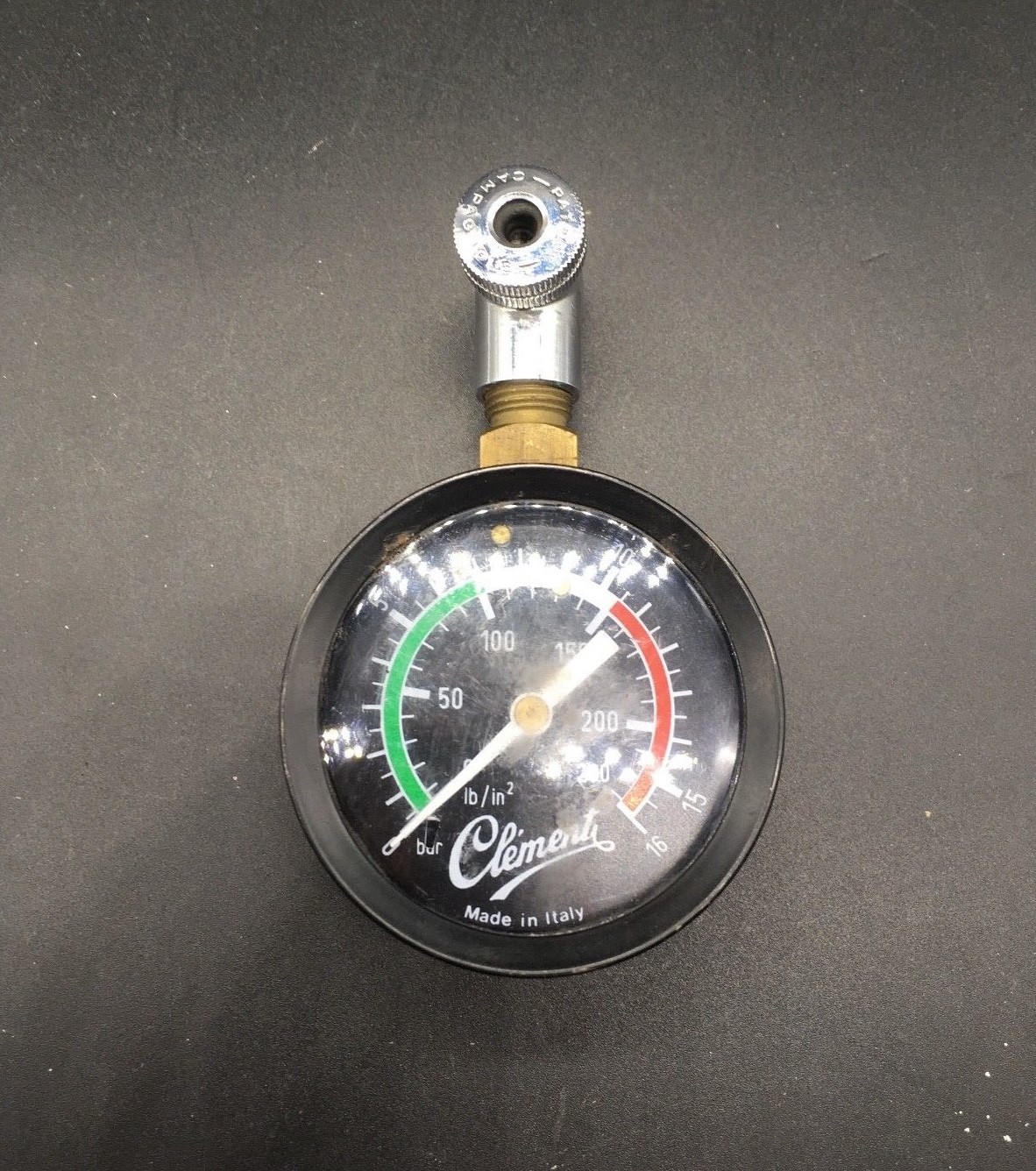 VINTAGE CLEMENT TIRE PRESSURE GAUGE WITH CAMPAGNOLO HEAD NOS TUBULAR CLINCHER VINTAGE CLEMENT TIRE PRESSURE GAUGE WITH CAMPAGNOLO HEAD NOS TUBULAR CLINCHER
