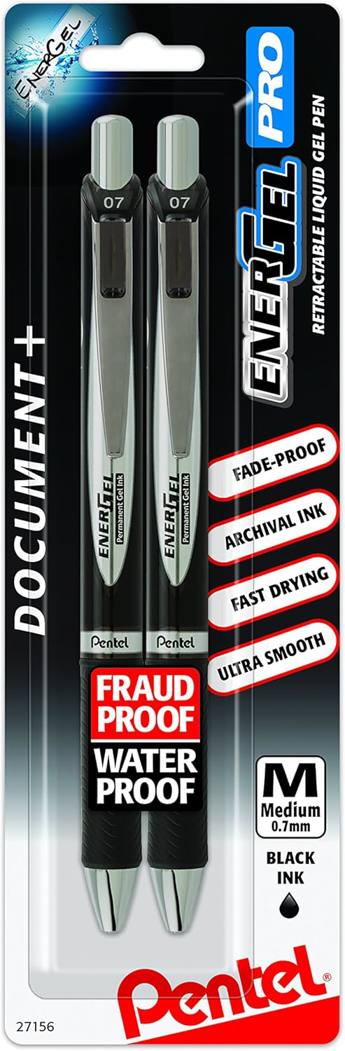Pentel EnerGel PRO Black Gel Pen 0.7mm Medium Line Pack of 2