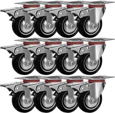 12 Pc 3" Caster Wheel with Swivel Base and Wheel w/ Brakes and Bearings Rubber