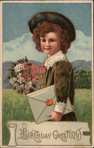 Birthday Fancy Boy Children Card Letter Roses Gilt Embossed c1900s-10s Postcard - Imagen 1 de 2