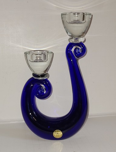 Block CRYSTAL Candle Holder Cobalt Blown Glass Swirl Double Candlestick Hungary - Picture 3 of 11