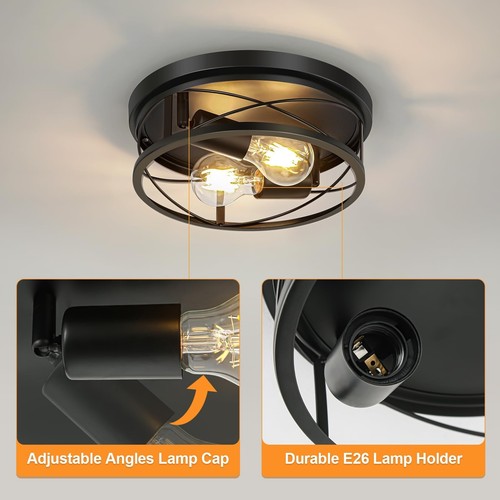 Farmhouse Lights,Black Industrial 2 Pack Round Metal Flush Mount Hallway & Be... - Picture 6 of 7