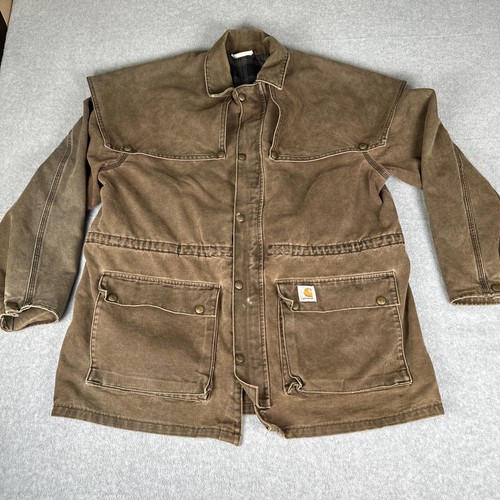 Vtg Carhartt CWO82 Brown Flannel Lined Duster Utility Jacket Coat USA Large READ - Picture 1 of 14